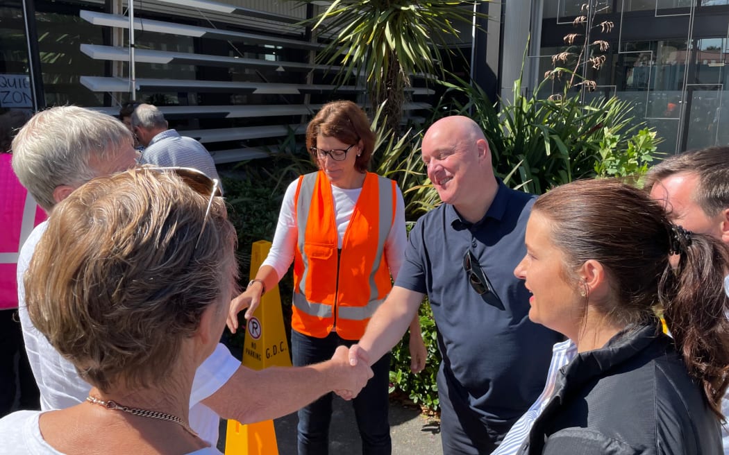 Leader of the opposition Christopher Luxon has arrived at the CDEM base at the Gisborne District Council, to hear about the response. With him are MPs Simeon Brown and Nicola Willis.  In the pictures he is next to Rehette Stoltz, the mayor (the orange vest)