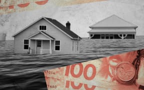 Composite of flooded houses and money