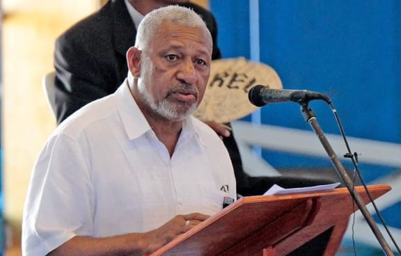 Fiji's Prime Minister Frank Bainimarama speaking to disciplined forces in January 2016