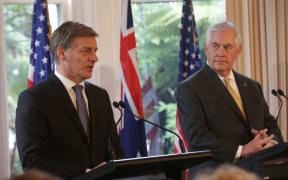 Prime Minister Bill English, left, and US Secretary of State Rex Tillerson at a news conference following their bilateral meeting in Wellington on 6 June 2017.