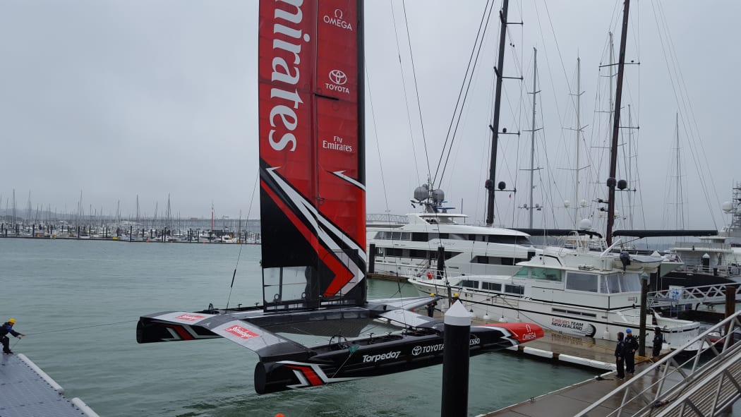 Team New Zealand' new 15-metre AC clas catamaran is launched in Auckland.