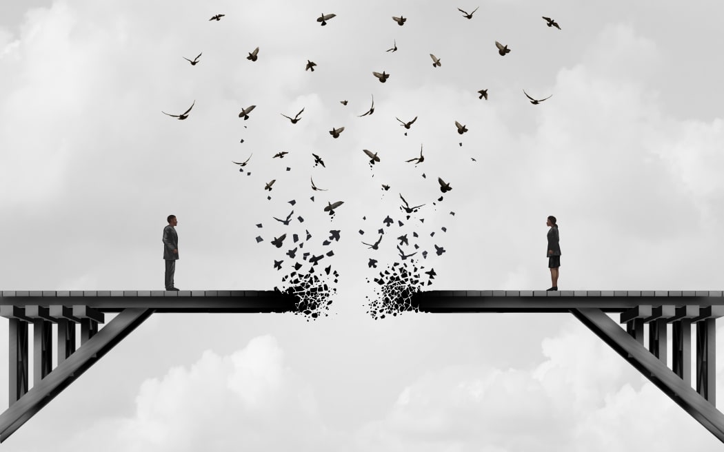 Divorce and separation as a couple on a broken fading bridge flying away as a divided relationship concept with 3D illustration elements.