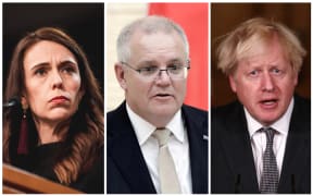 New Zealand Prime Minister Jacinda Ardern, Australian Prime Minister Scott Morrison and UK Prime Minister Boris Johnson.