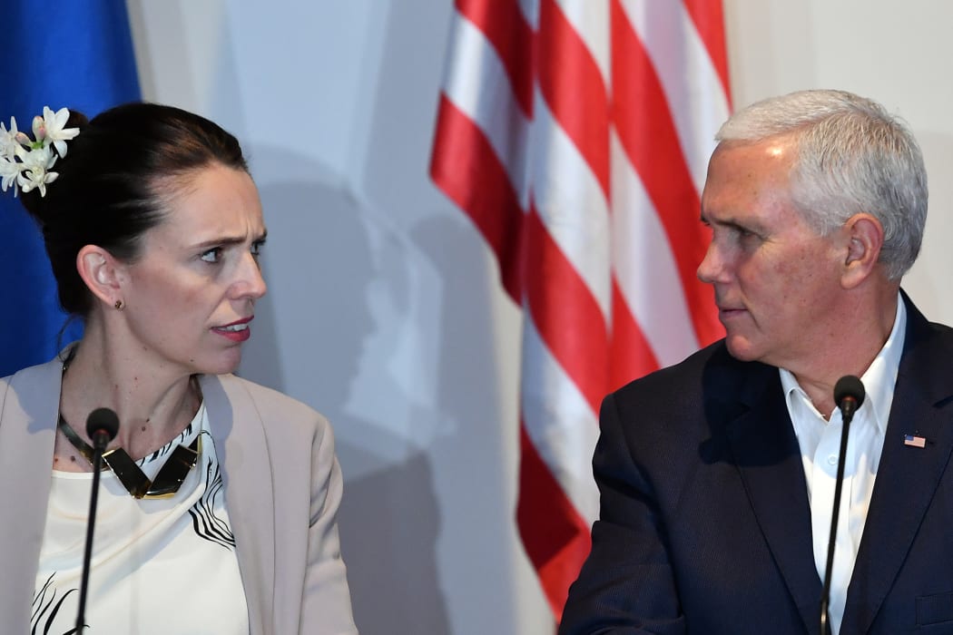 Prime Minister Jacinda Ardern and US Vice President Mike Pence speak at an electricity projects signing ceremony during the Asia-Pacific Economic Cooperation (APEC) Summit.