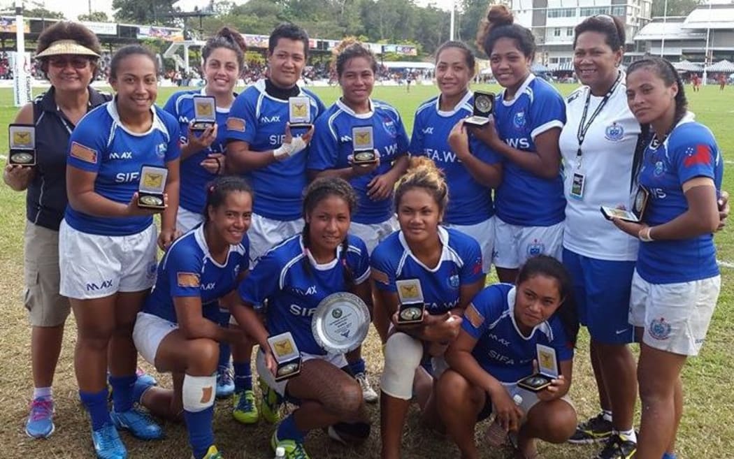 The Manusina celebrate winning the Plate title at the Borneo Sevens in Indonesia.