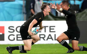 2019 Rugby World Cup Bronze Final, Tokyo Stadium, Tokyo, Japan 1/11/2019
New Zealand vs Wales
New Zealand's Ben Smith celebrates scoring their fourth try with Aaron Smith