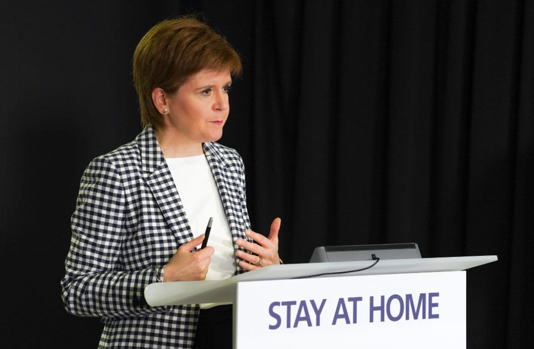 Scotland's First Minister, Nicola Sturgeon speaking by the country's continued "stay at home" slogan, during the Scottish government's daily briefing on the novel coronavirus COVID-19 outbreak, at St. Andrew's House, Edinburgh.