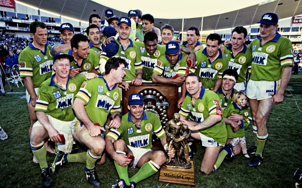 Mal Meninga (front) and the Canberra Raiders  celebrate winning the NRL final in 1994.