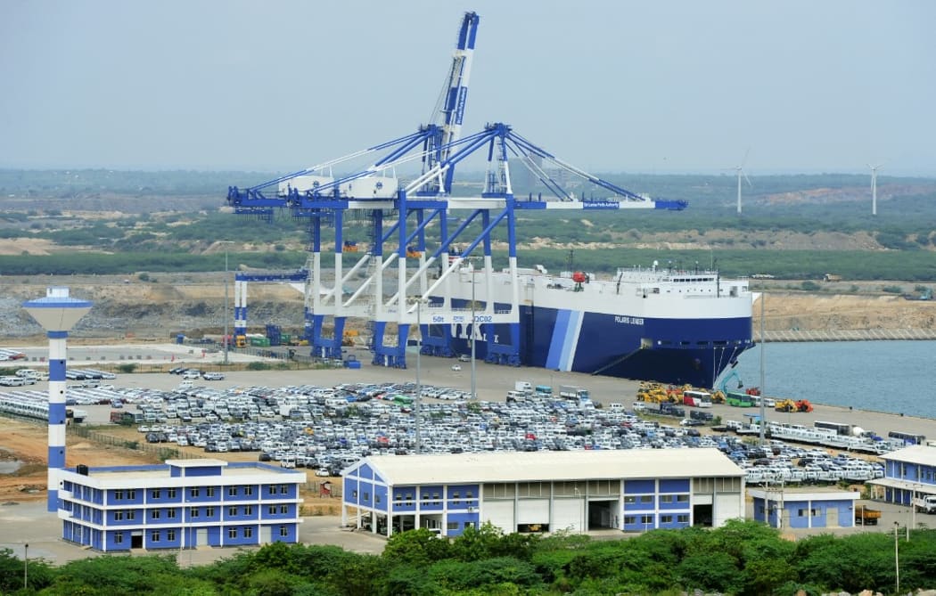 TO GO WITH SriLanka-economy-infrastructure,FOCUS by Amal Jayasinghe 
In this photograph taken on February 10, 2015, shows a general view of the port facility at Hambantota.