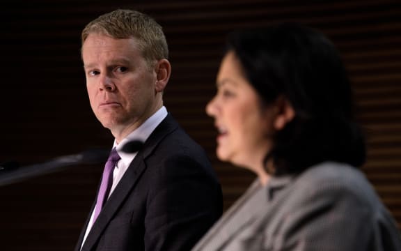 Health Minister Ayesha Verrall and Prime Minister Chris Hipkins at a post Cabinet meeting media standup on 3 July, 2023.