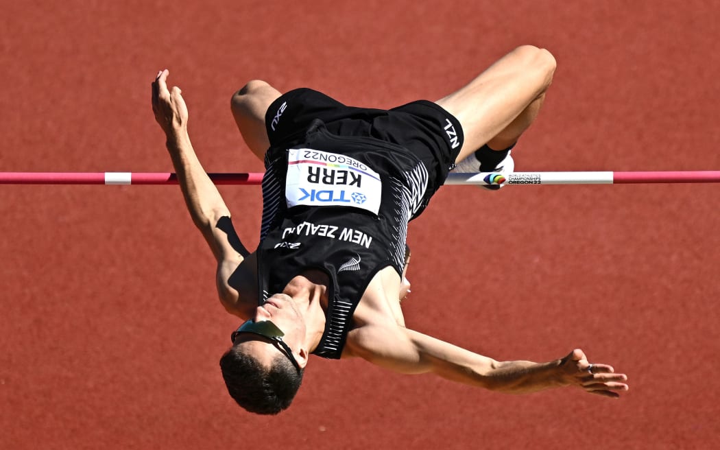 Hamish Kerr of New Zealand during the Men's High Jump qualifying at the World Athletics Championships in Oregon, USA 2022.