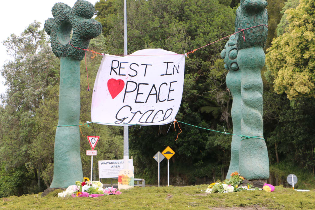 A tribute to Grace Millane at Titirangi roundabout.
