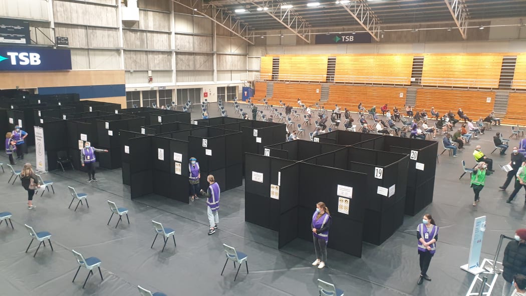 The TSB Stadium in New Plymouth set up for a mass vaccination event on 27/8/2021