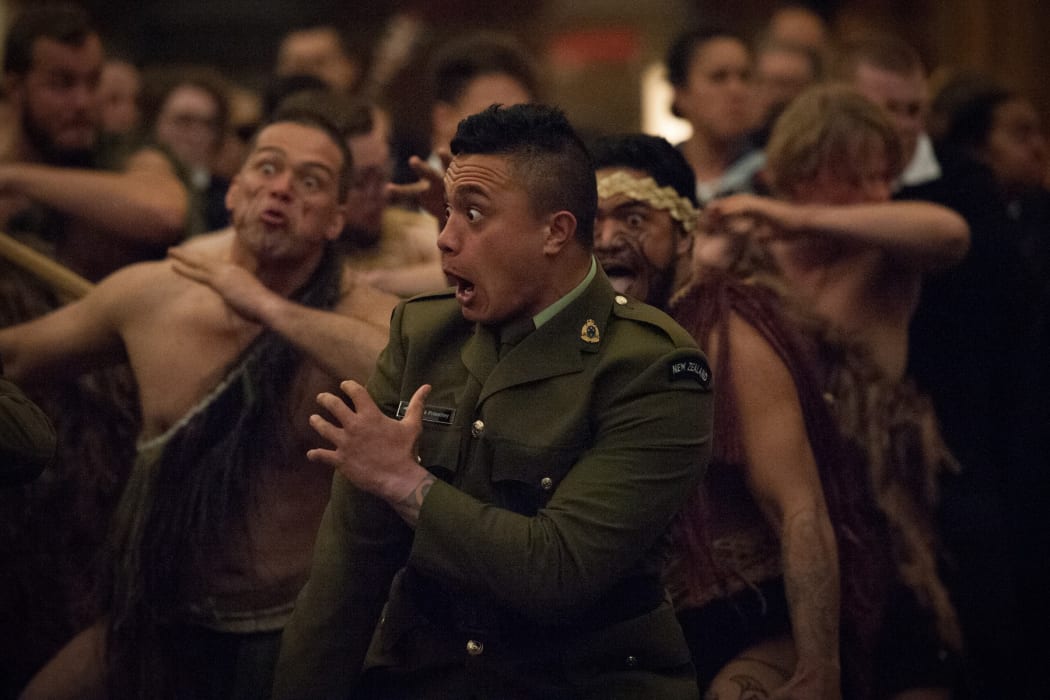 Private Malik Priestley performing the haka at the Last Post ceremony, Menin Gate,Ypres, Belgium.