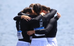 Olivi Brett, Lisa Carrington, Alicia Hoskin, Tara Vaughan from New Zealand win gold in the women’s four final. Paris 2024.