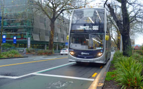 The shared bus and cycle lane on Symonds Street, which runs through the University of Auckland.