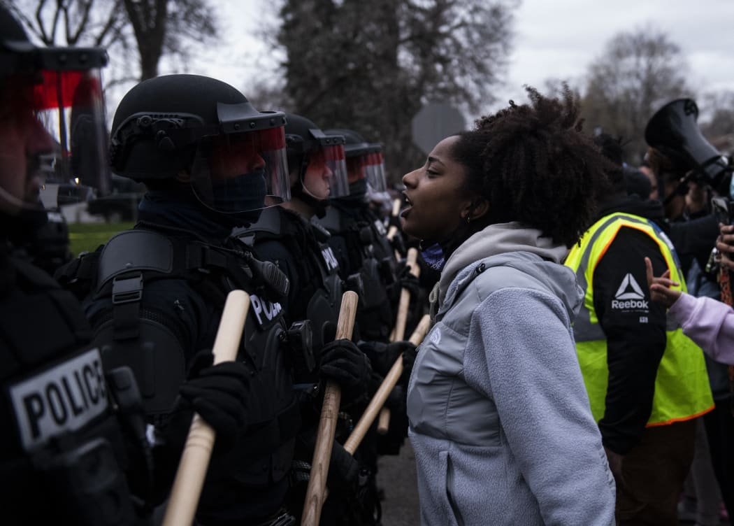Protesters confront law enforcement on April 11, 2021 in Brooklyn Center, Minnesota.