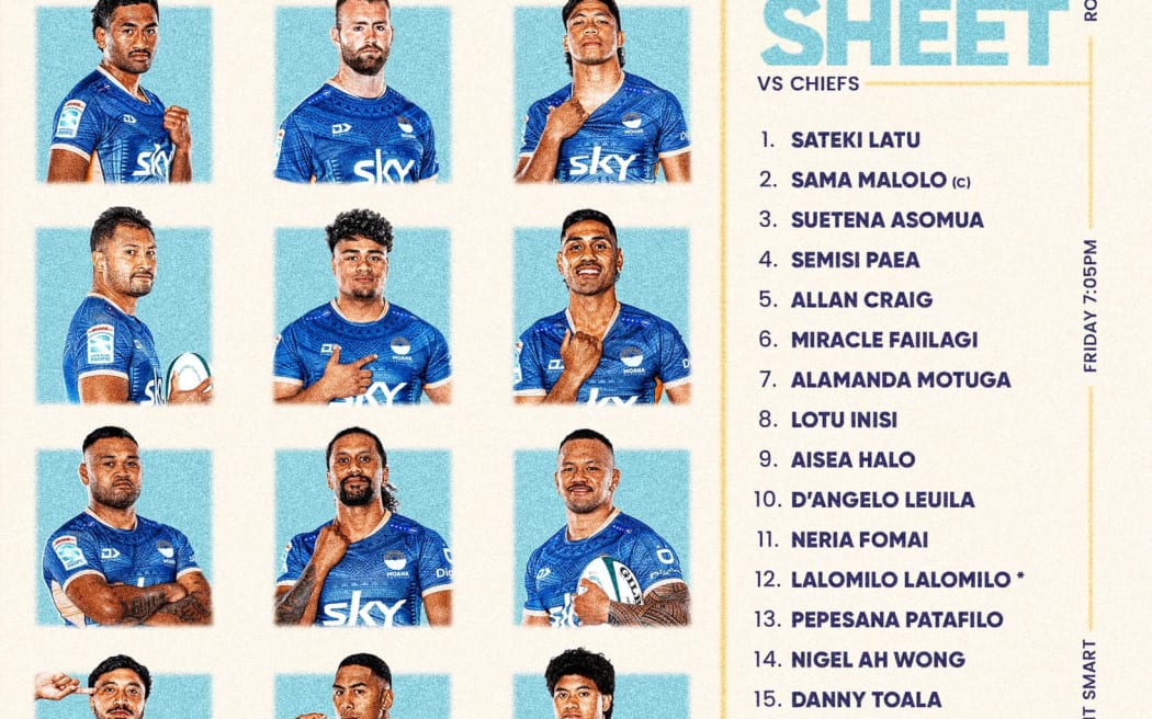 The Moana Pasifika lineup to battle the Chiefs on May 10, 2024. Artwork: Moana Pasifika
