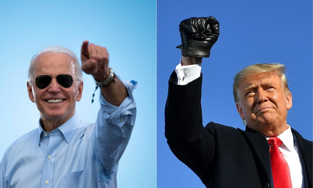 Democratic Presidential candidate Joe Biden prior to delivering remarks at a Drive-in event in Coconut Creek, Florida, and US President Donald Trump as he arrives to a campaign rally in Green Bay, Wisconsin.