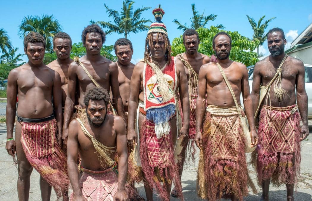 The group jailed for contempt: Chief Viraleo Boborenvanua and eight men from Pentecost dressed in traditional garb.