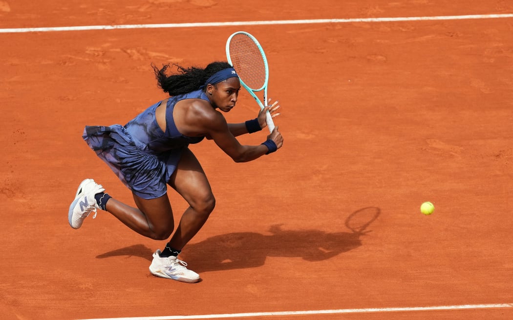 US Coco Gauff plays a backhand return to Czech Republic's Tereza Valentova during their women's singles match at the French Open.