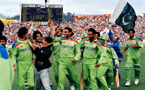 Pakistan celebrate their 4 wicket win over New Zealand in their semi-final of the 1992 World Cup at Eden Park.