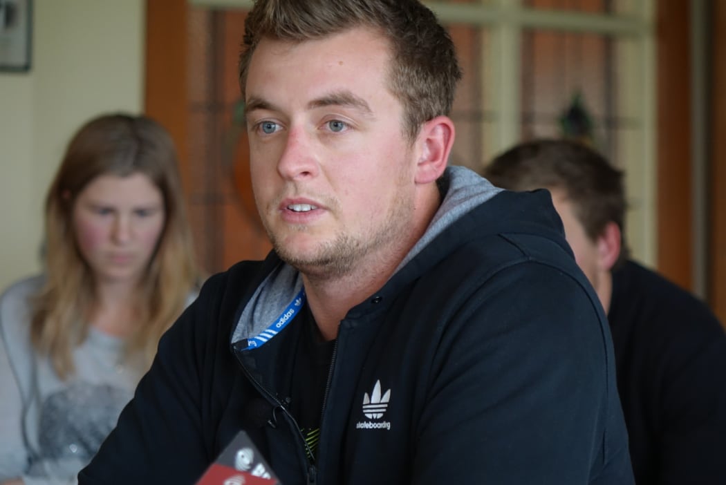 Adam Warner at a news conference after his parents, Alan and Anne Warner, survived a light plane crash in Taranaki in August 2015.