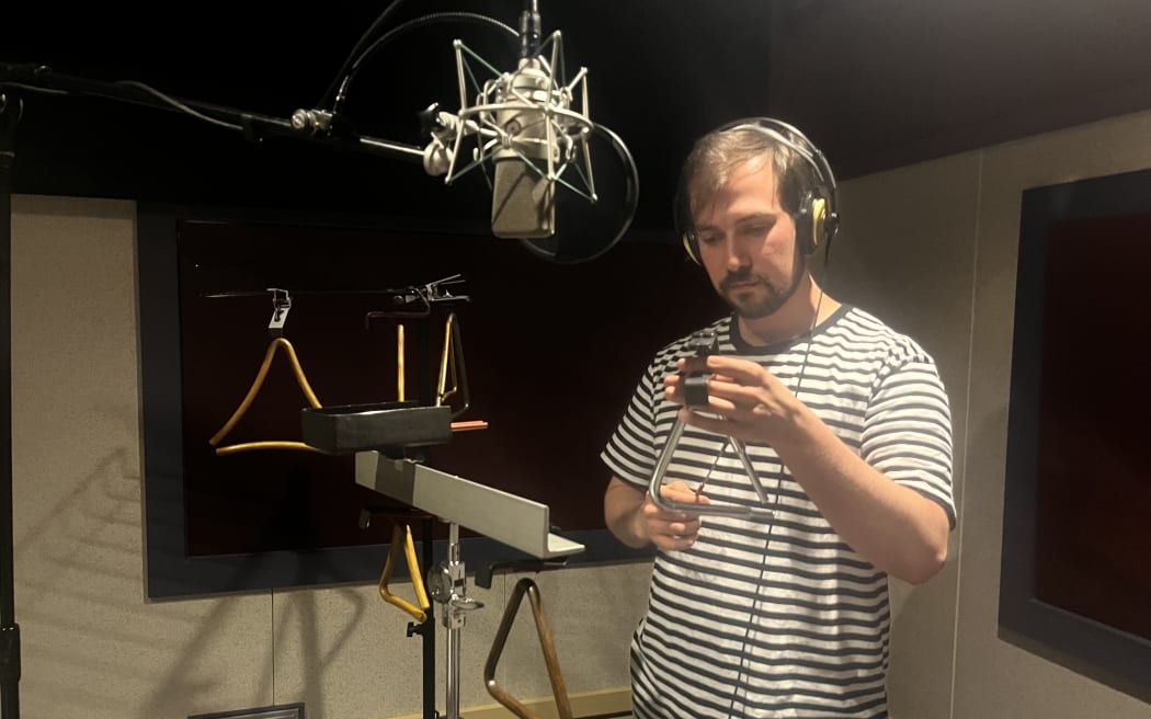 NZSO percussionist Sam Rich in the studio at RNZ in Wellington