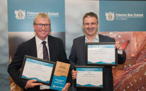 Malcolm Lawson (L) and Jeremy Excell from the CRA8 Rock Lobster Industry Association Inc., winners of the Operational Innovation Award, and finalists for the Kaitiakitanga Award and the Minister of Fisheries Award.