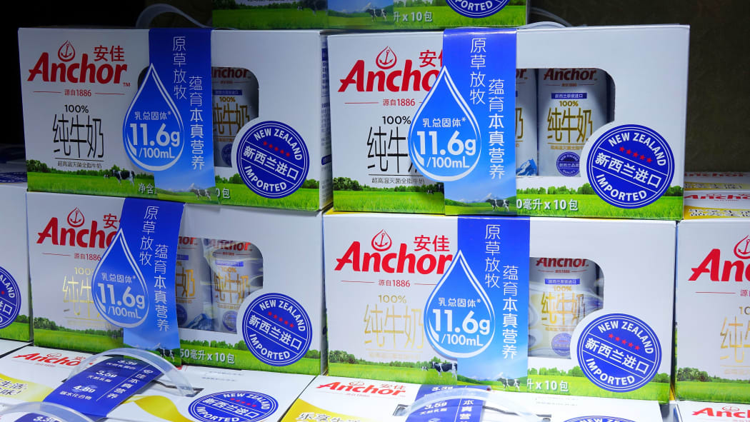Anchor milk with Chinese writing on packages being sold at a Beijing market
