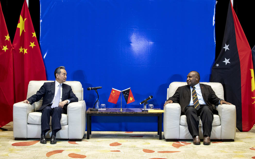 (220603) -- PORT MORESBY, June 3, 2022 (Xinhua) -- Papua New Guinea (PNG) Prime Minister James Marape (R) meets with visiting Chinese State Councilor and Foreign Minister Wang Yi in Port Moresby, Papua New Guinea, June 3, 2022. (Xinhua/Bai Xuefei) (Photo by Bai Xuefei / XINHUA / Xinhua via AFP)
