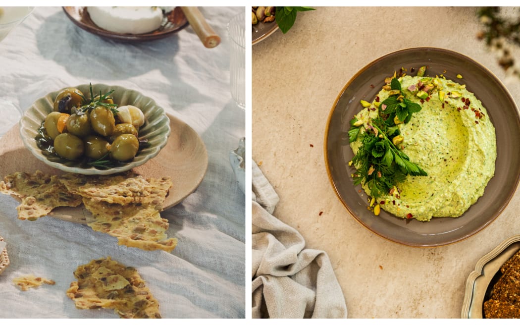 Crackers and herby feta and pistachio spread