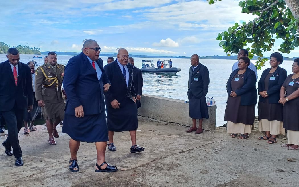 Fiji's President Ratu Wiliame Katonivere (front and centre) arrrives at Bau Island for the reinstatement of the Great Council of Chiefs. 24 May 2023