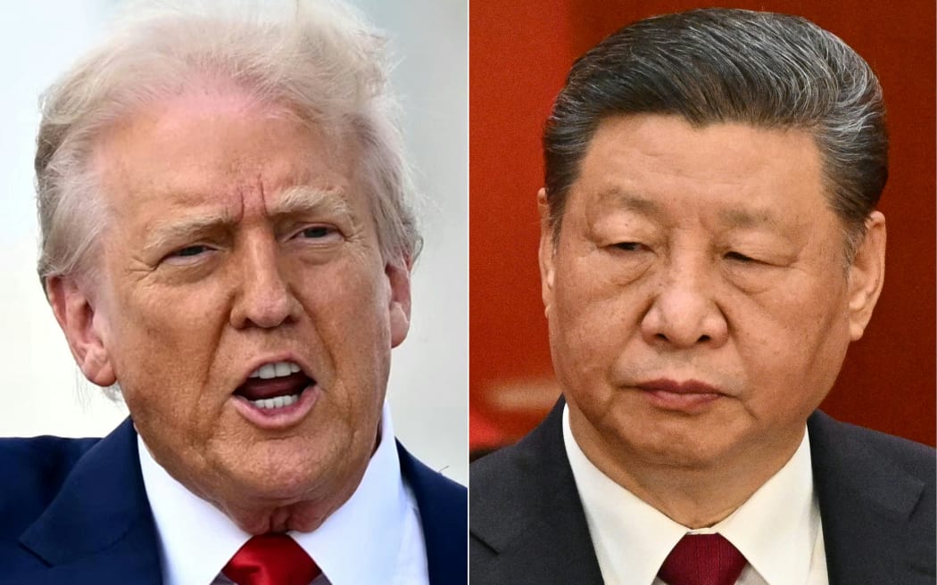 This combination image of two pictures created on April 4, 2025 shows US President Donald Trump (L) in Miami, Florida, on April 3, 2025, and China's President Xi Jinping (R) in Beijing on March 5, 2025.