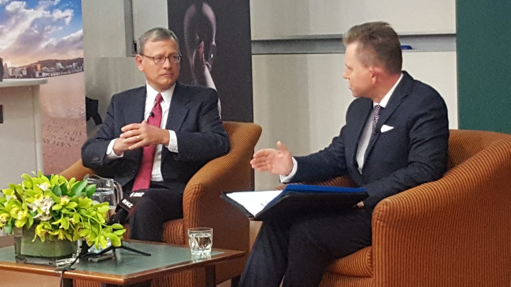 John Roberts in conversation with VUW Dean of Law Mark Hickson.