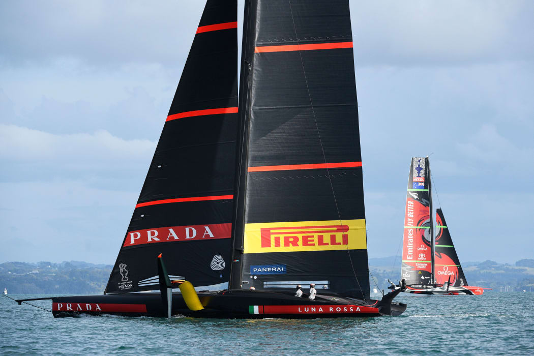 Team New Zealand foil past Luna Rossa  who are off their foils in Race 8, America's Cup 2021.