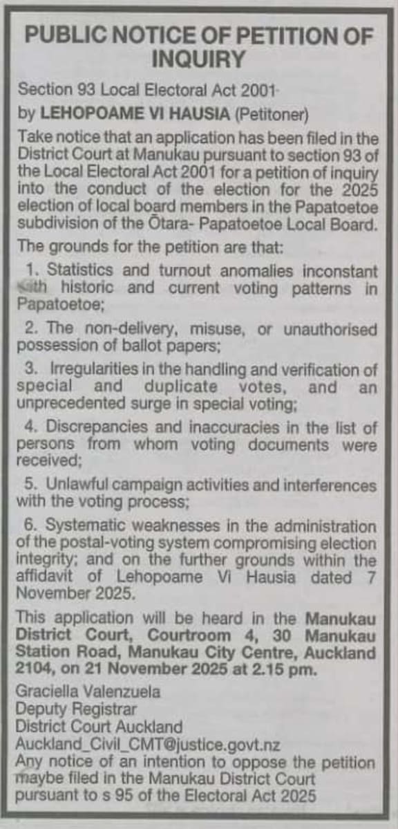 Public notice of the petition filed by Lehopoaome Vi Hausia seeking a judicial inquiry into the 2025 Papatoetoe subdivision election.