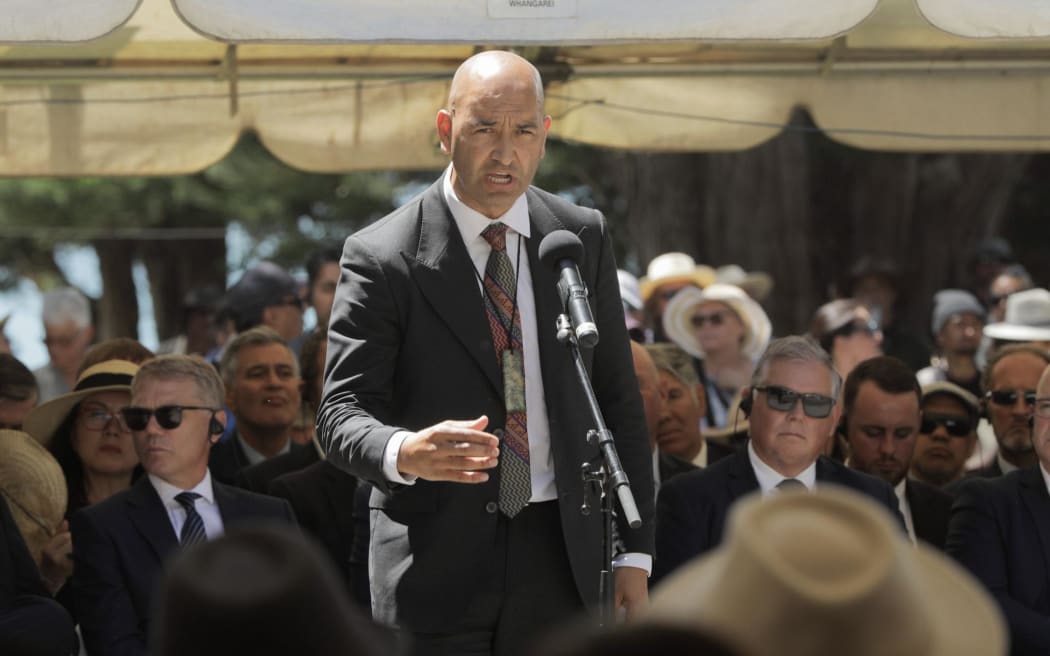 National MP and Minister for Māori development Tama Pōtaka speaks for manuhiri at Waitangi Treaty Grounds 5 February 2024