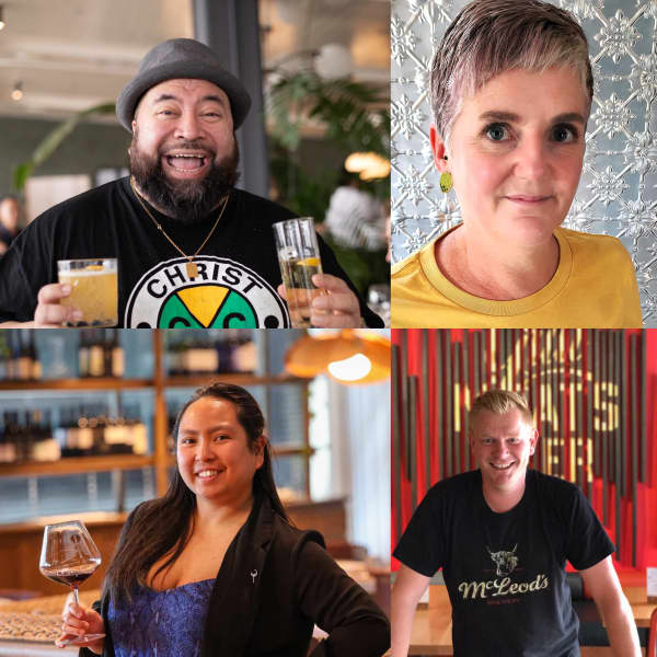 A composite image of four drinks experts: clockwise from top left, bar tender Charles Gillet, cicerone Steph Coutts, chef/restaurateur Shaun Clouston and sommelier Alex Soriano.