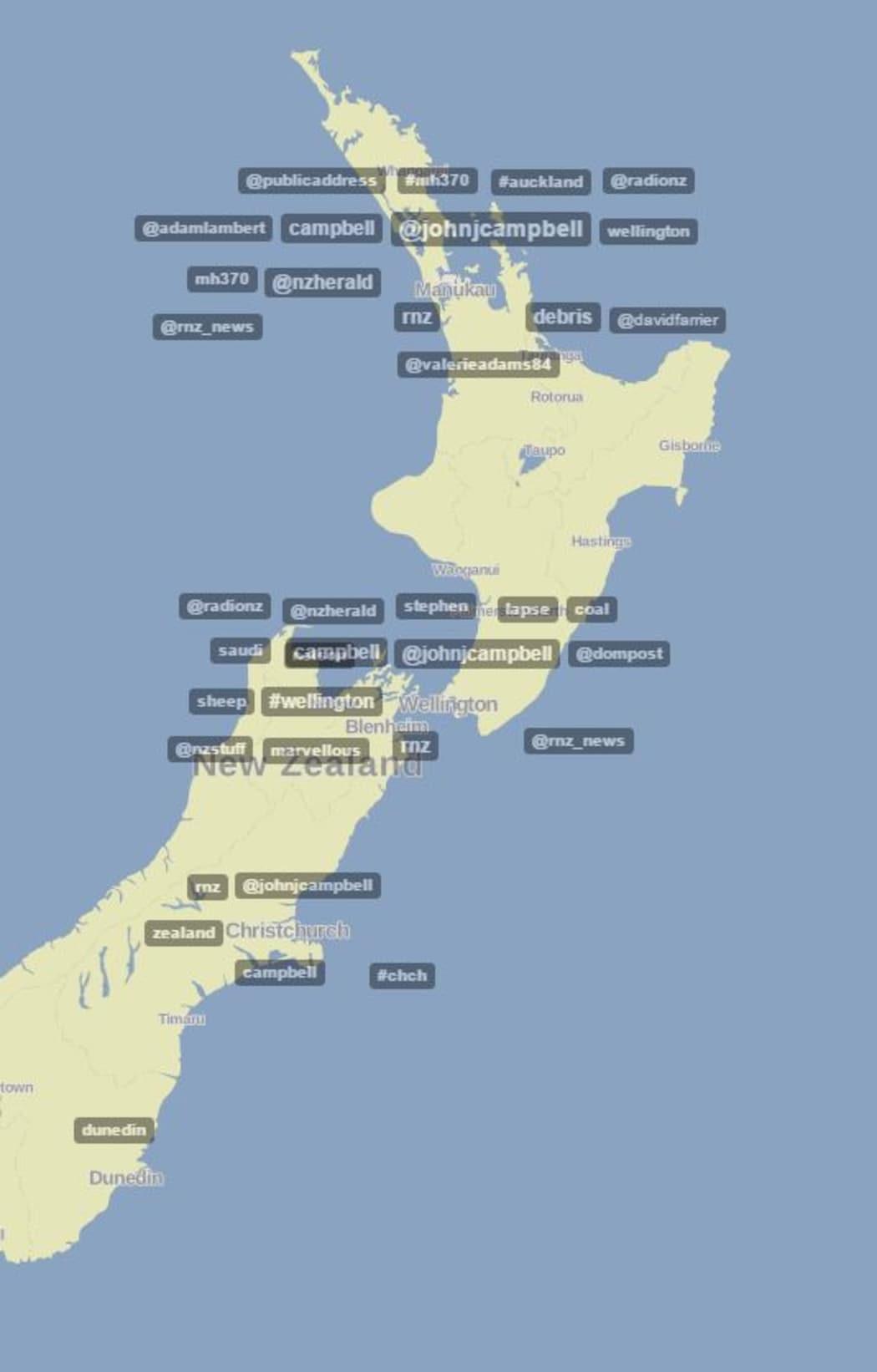 a graphic showing a map of New Zealand and what was trending on twitter, including John Campbell, RNZ, RNZ News and RadioNZ