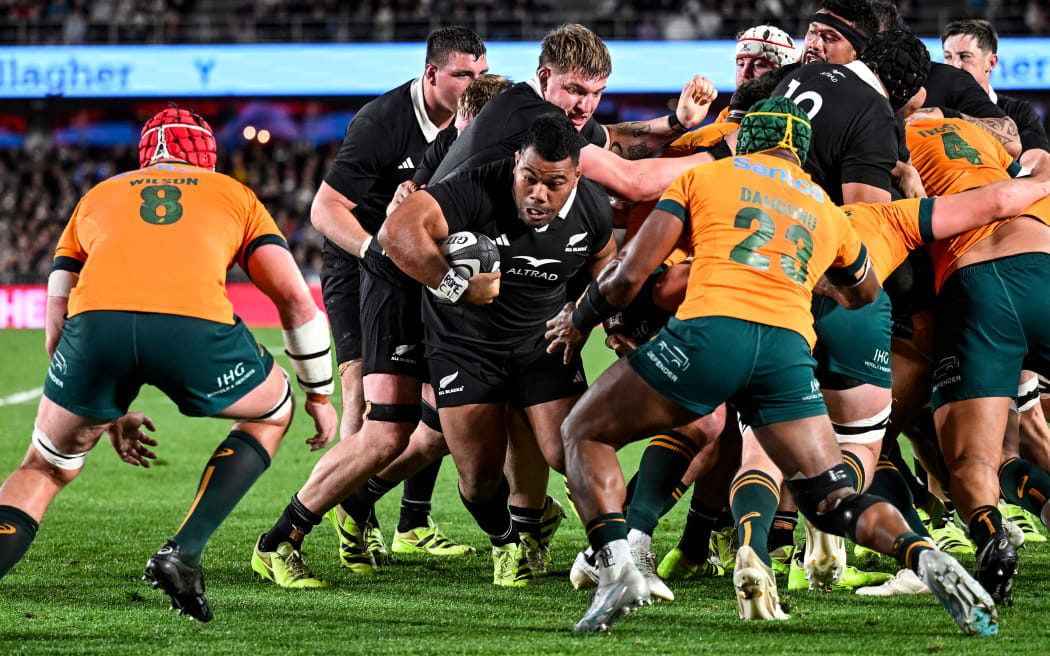 All Blacks hooker Samisoni Taukei'aho charges towards the try line against the Wallabies, in the Rugby Championship and Bledisloe Cup rugby test at Eden Park, Auckland, 27 September 2025. © Photo: Andrew Cornaga / Photosport