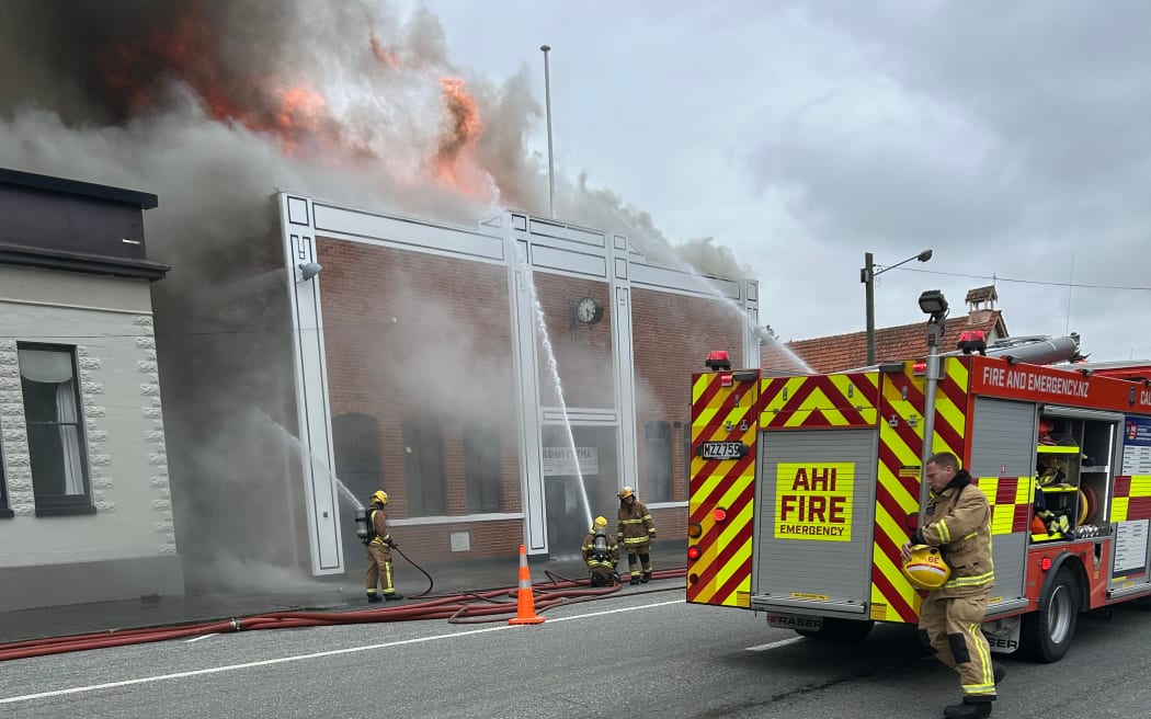 Firefighters combated the blaze in the middle of the central Otago town, which destroyed the Roxburgh Town Hall, including its 128-year-old cinema.