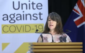 Director of Public Health Dr Caroline McElnay speaks to media during a Covid-19 update conference at Parliament on May 08, 2020 in Wellington.