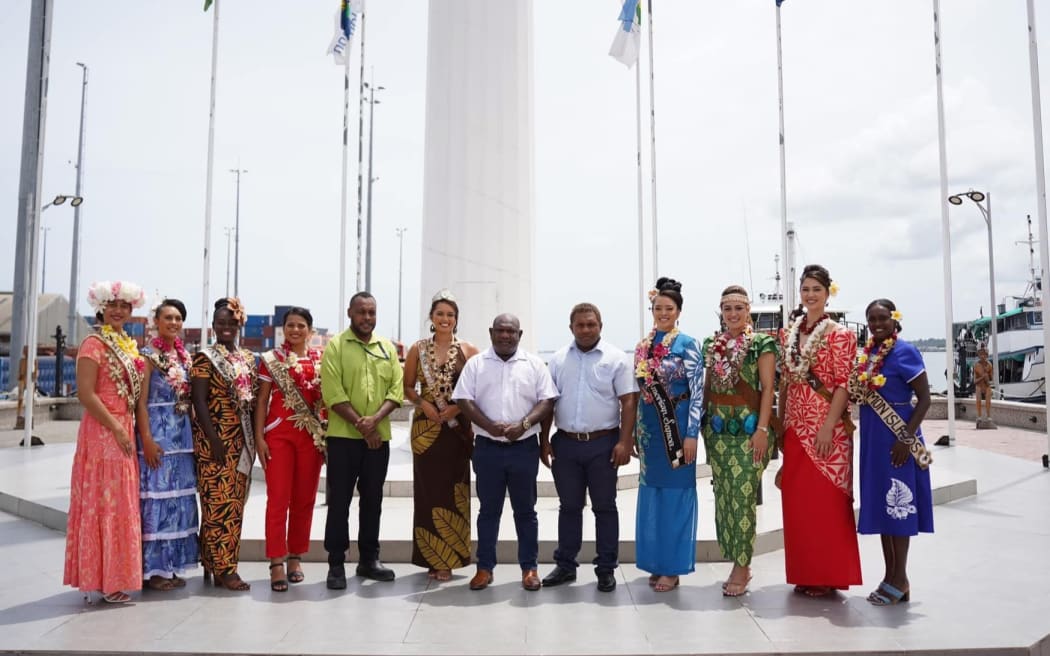 Miss Pacific Islands Pageant contestants greeted by the Solomon Islands Ports deputy CEO at Unity Square in Honiara. 5 February 2025