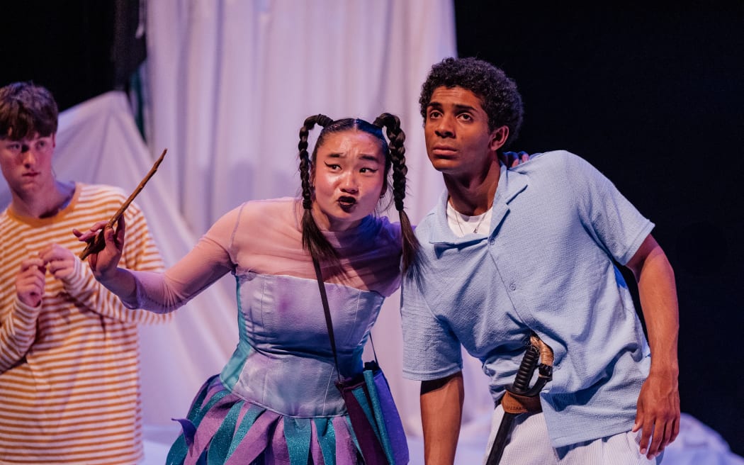 Tinkerbell (Junghwi Jo) and Peter Pan (Theo Shakes) in the Nightsong and Auckland Theatre Company production of Peter Pan.