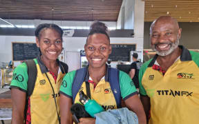 Team Vanuatu heading to China (from left) players Bella Lawac, Tini Toko and coach Steve Anderson. June 2023