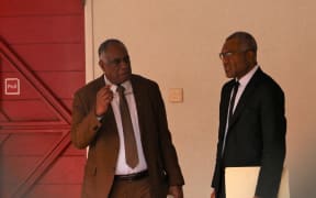Vanuatu Prime Minister Ishmael Kalsakau and Attorney-General Arnold Kiel Loughman outside the Parliament Building in Port Vila. 22 August 2023
