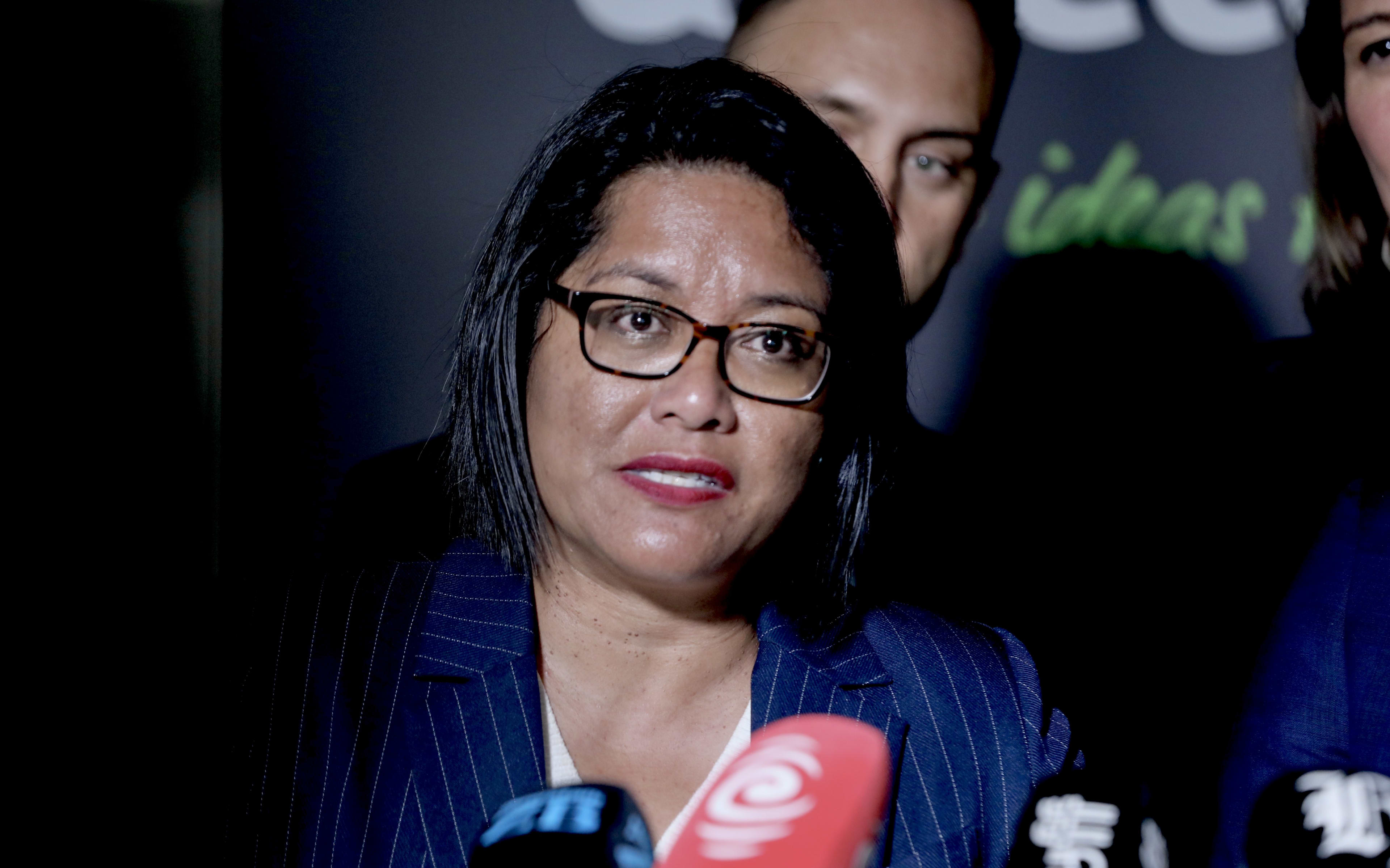 Labour's spokesperson for Finance and Economy, Savings and Investment Barbara Edmonds in Auckland speaking to reporters after the party's State of Auckland spee