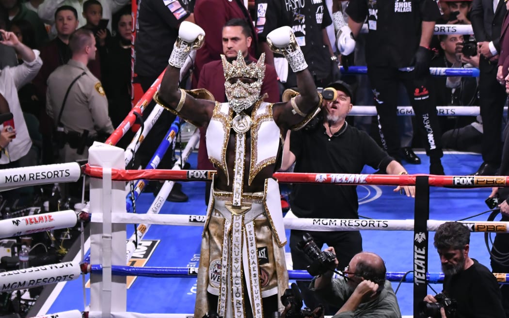 Deontay Wilder makes his grand entrance with the golden mask at MGM Grand Garden Arena on November 23, 2019 in Las Vegas, United States.