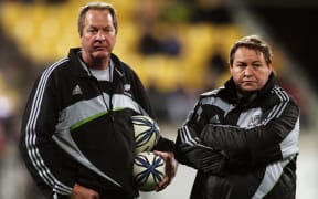 Former All Blacks skills coach Mick Byrne with then-forwards coach Steve Hansen back in 2009 at a Tri-Nations game against Australia at Westpac Stadium, Wellington. Photo: Dave Lintott/PHOTOSPORT